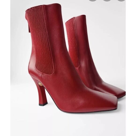 Zara Red REAL Leather High Heel Square toe Boots EU 38 / US 7.5 - Picture 1 of 13